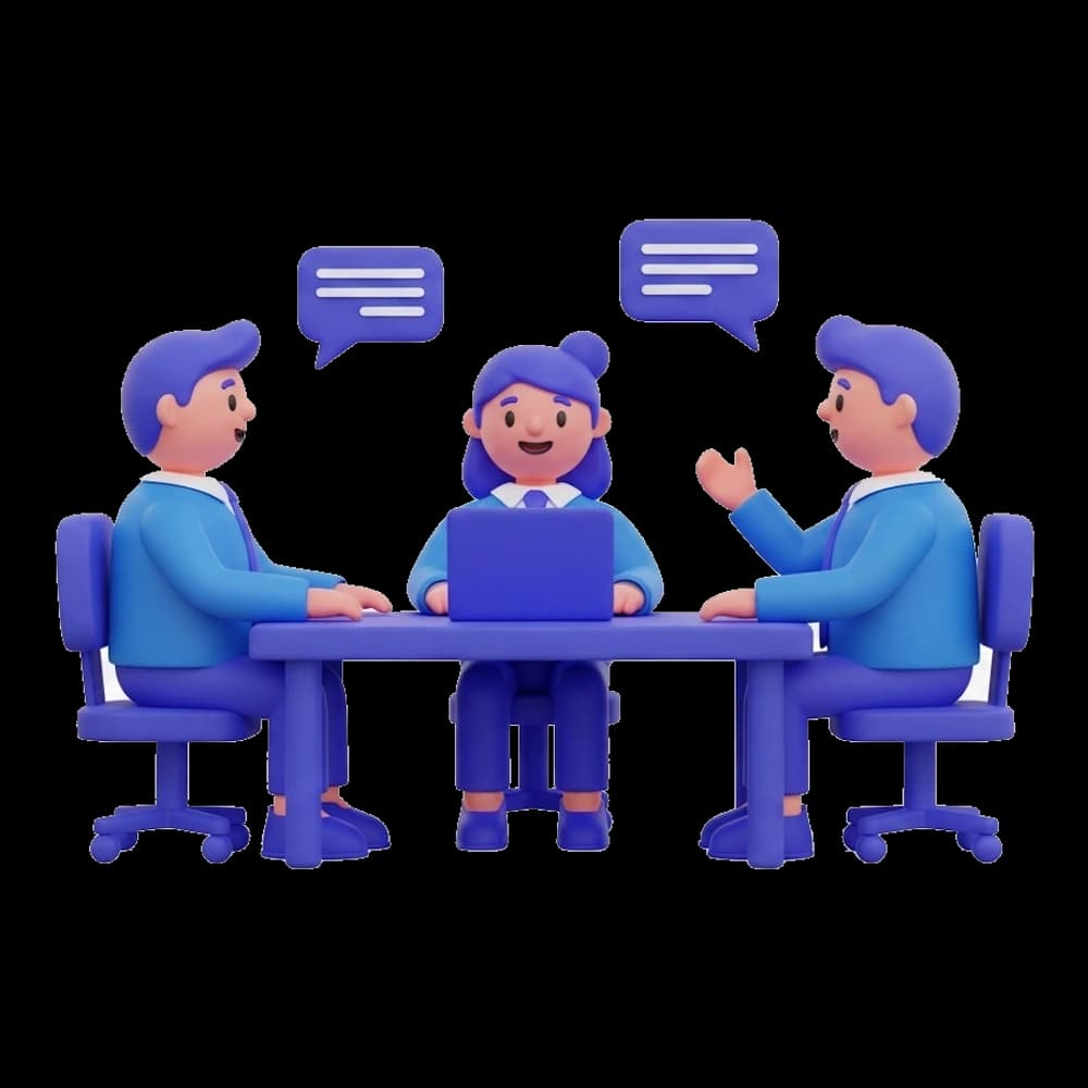 Three individuals talking around a table